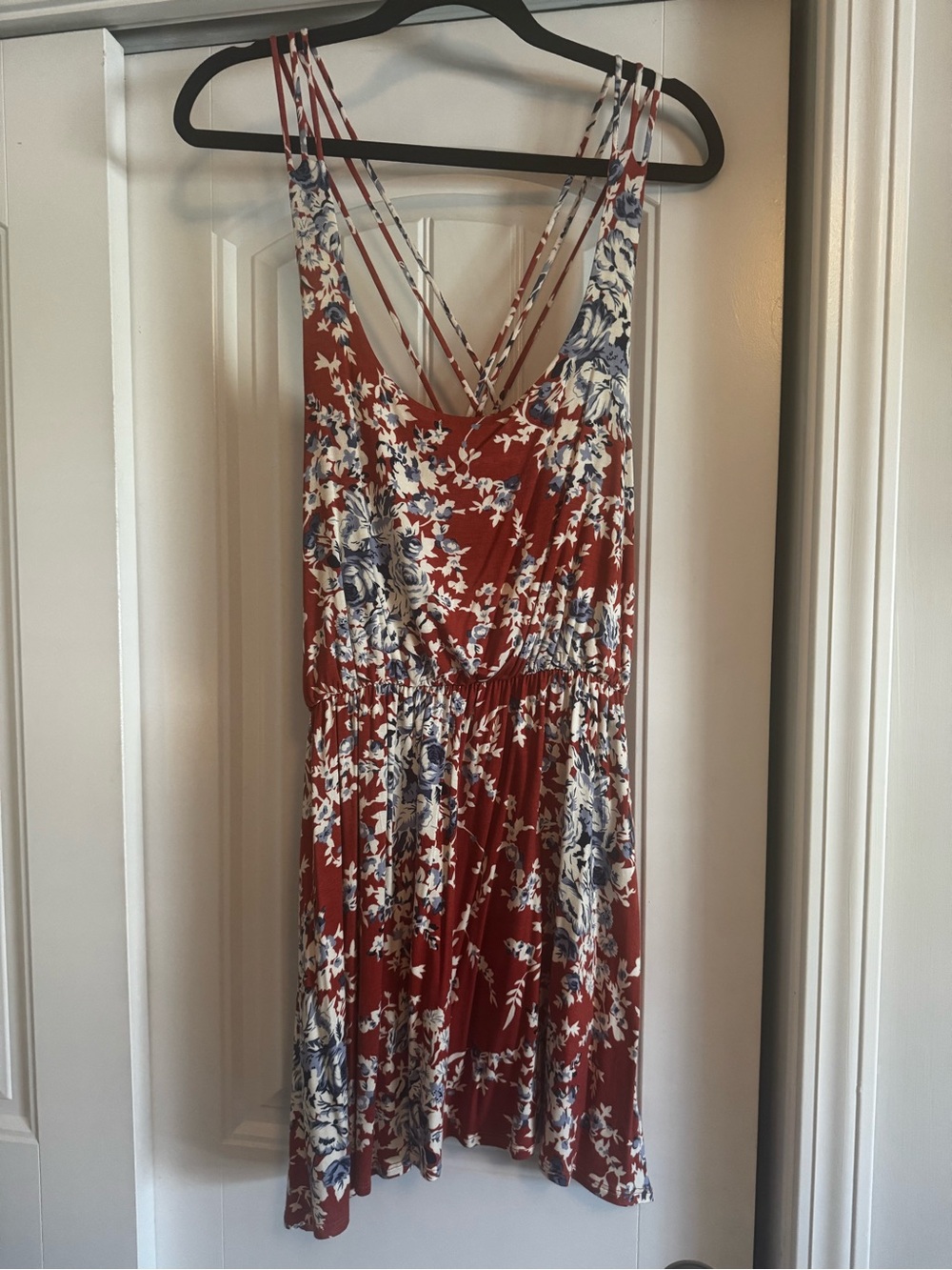nine britton Rust Red Floral Mini Dress with Blue and Cream Accents